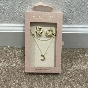 14K Gold Plated Puff Initial Layered Pendant Necklace and Hoop Earrings Set